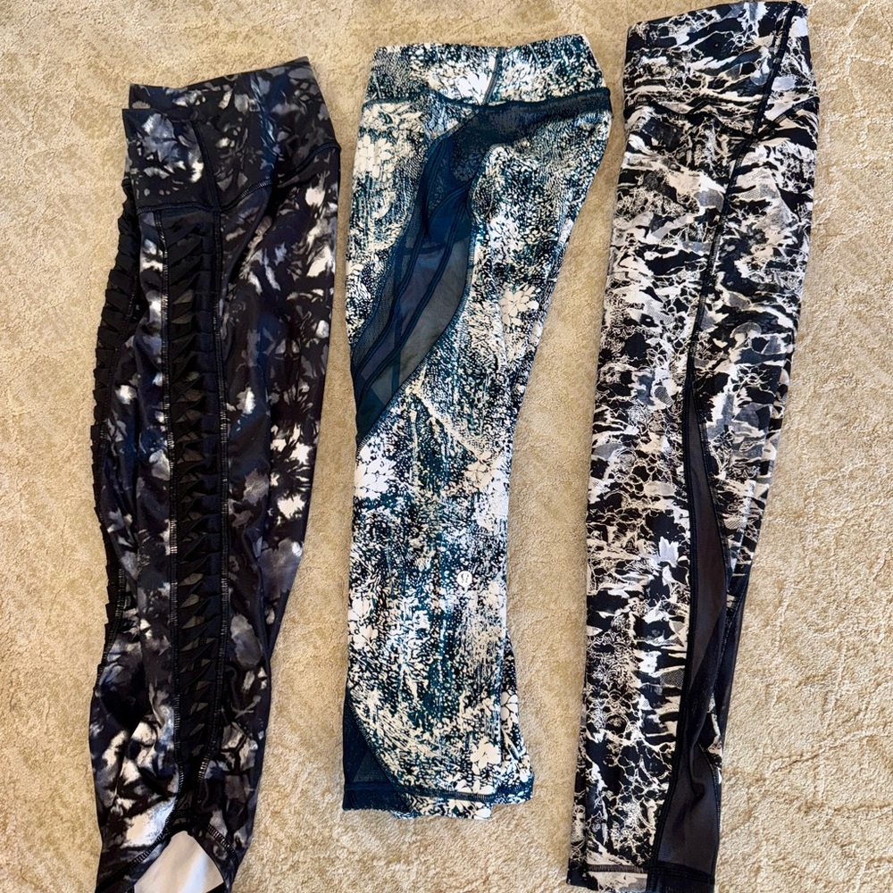 Lululemon super cute lot of 3 Leggings size 6.  Mesh insets. When Lulu was HOT!